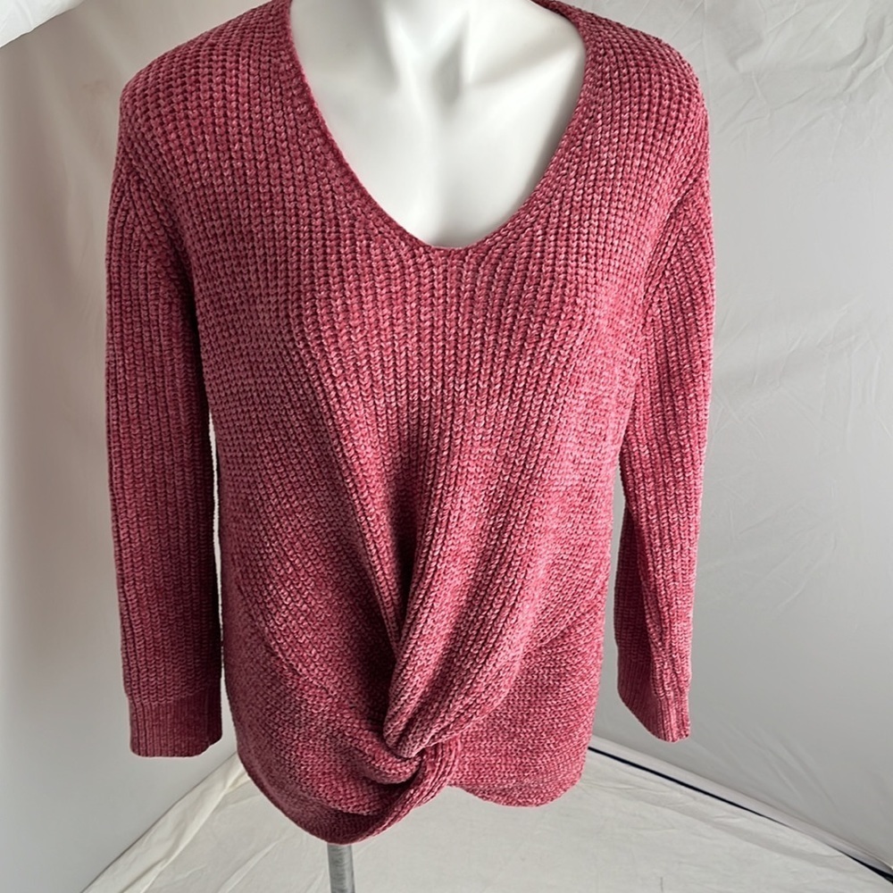 Rain and Rose pink chenille v-neck knot front sweater L